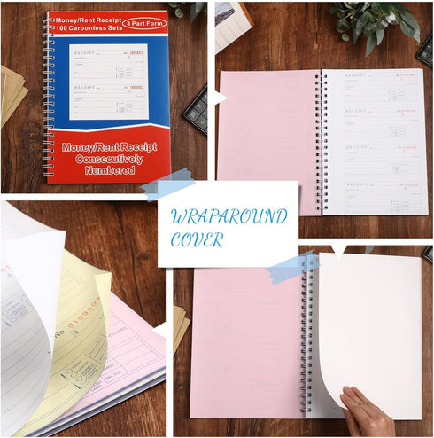 Crtiin 10 3 100 Sets 4 (7-5/8" 10-7/8") Pcs Part Spiral Carbonless Money and Rent Receipt Book with Carbonless Copies