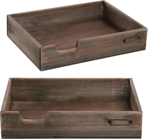 MyGift Set of 2 Stackable Vintage Brown Wood Document Letter Paper Trays with Distressed Finish for Office Desktop