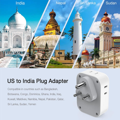 TESSAN US to India Plug Adapter, 7 in 1 Power Adapter with 4 AC Outlets 3 USB Charging Ports, Travel Adaptor for USA to India Bangladesh Maldives Nepal Pakistan, Type D