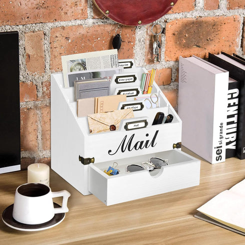 Wood Mail Organizer Countertop, Desktop Mail Holder with 4 Compartments and Drawer, File Organizer Wall Mount, Desk