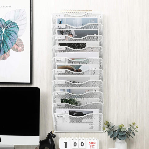 EasyPAG Wall File Organizer, 10 Tire Vertical Mesh Metal Hanging File Holder, Paper Document Rack for Home Office