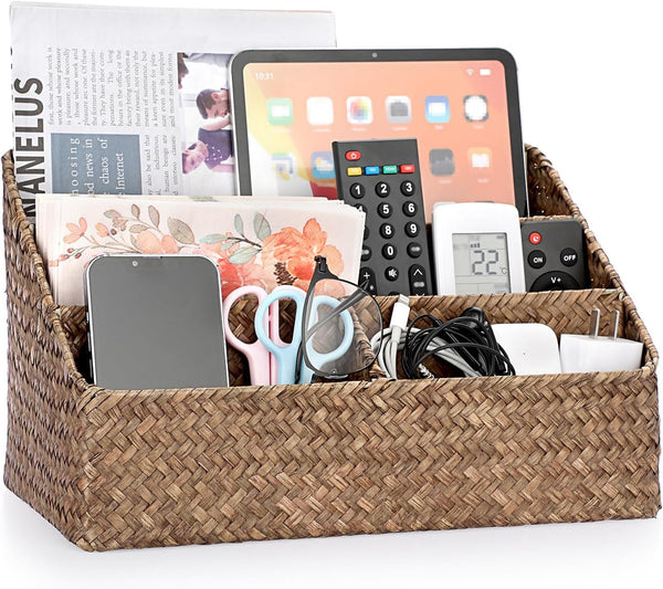 BTSKY Woven Storage Basket - Natural Seagrass Vertical Wicker Baskets with 4 Compartments, Home Office Sorter Rack