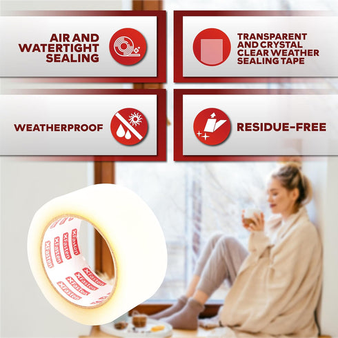 XFasten 2-Inch x 30 Yards Transparent Window Weather Sealing Tape - Clear Draft Isolation Sealing Film, No Residue