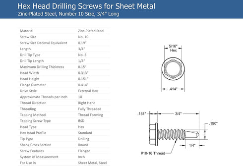 #10 x 3/4'' Hex Washer Head Self-Drilling Tek Screw, Zinc Plated Steel for Attaching Sheet Metal - Box of 100