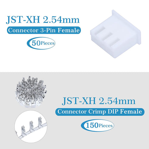 JST XH 2.54 mm Pitch 3-Pin Connector Kit, 50 Sets/250 Pieces Male Plugs, Female Sockets, T-Shaped Crimp Terminal