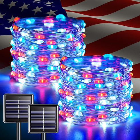 JMEXSUSS 2 Pack Red White and Blue Solar Lights, Each 100 LED