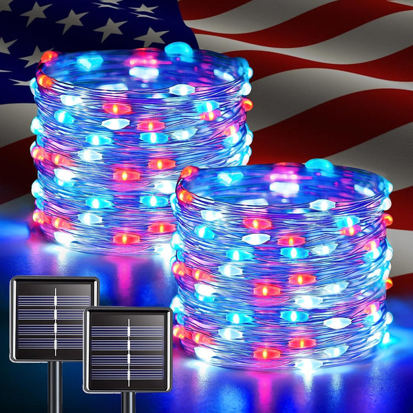 JMEXSUSS 2 Pack Red White and Blue Solar Lights, Each 100 LED