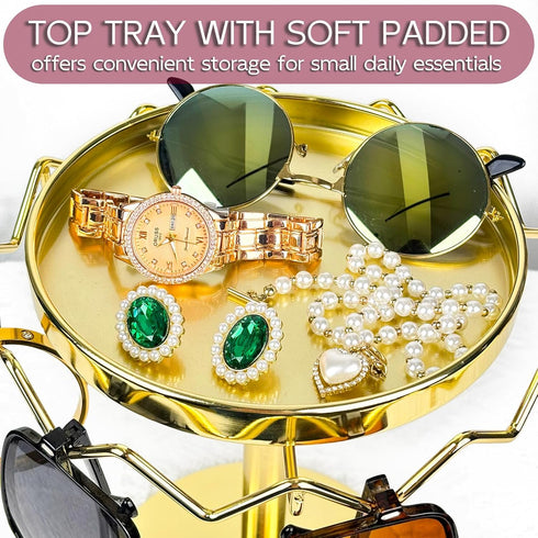 Sunglasses Organizer Rotating Stand, Stainless Steel Eye Glasses Holder with Tray, Eye Glass Display Rack for Table