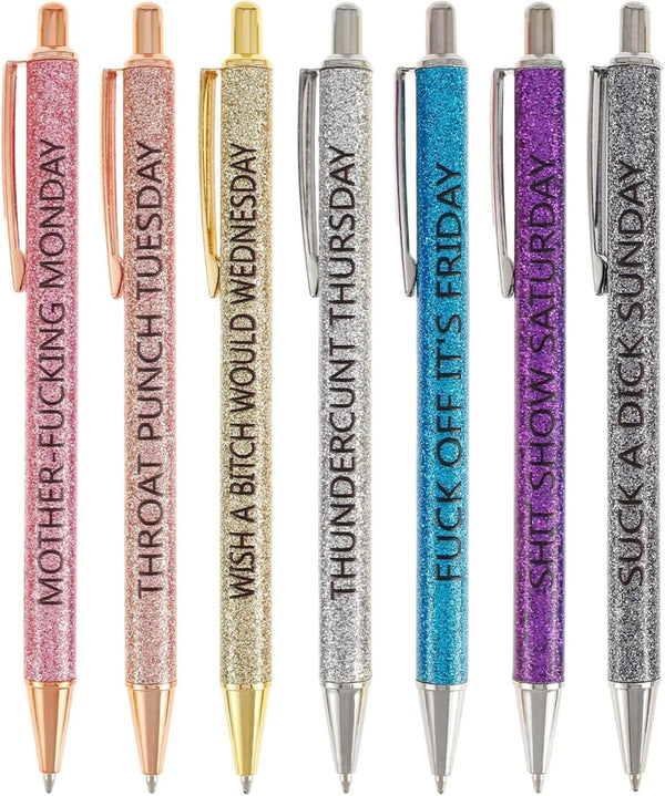 Jxueych 7 Pcs Funny Ballpoint Pen Set Gift for Coworker, Days of The Week Daily Glitter Pen, Black Ink Medium Point