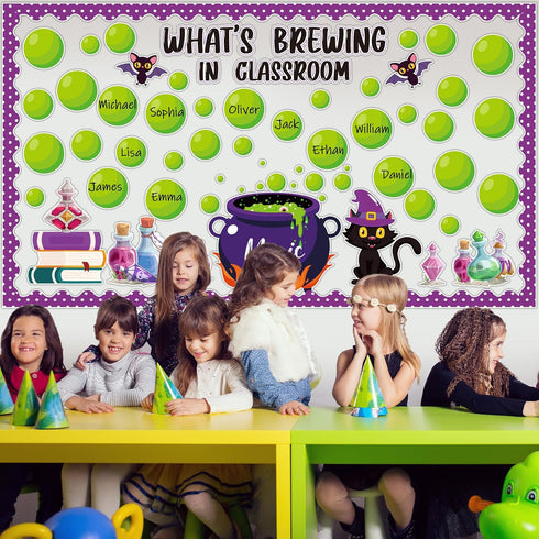 gisgfim Halloween Bulletin Board Decorations Set with Cauldron, Black Cat, Magic Jar Paper Cutouts