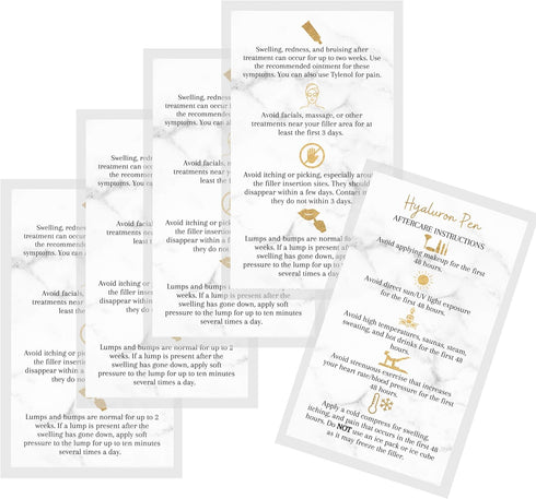 Hyaluron Pen Filler Aftercare Instruction Card, 50 Pack, Physical Printed Business Card Size, Marble Look Design