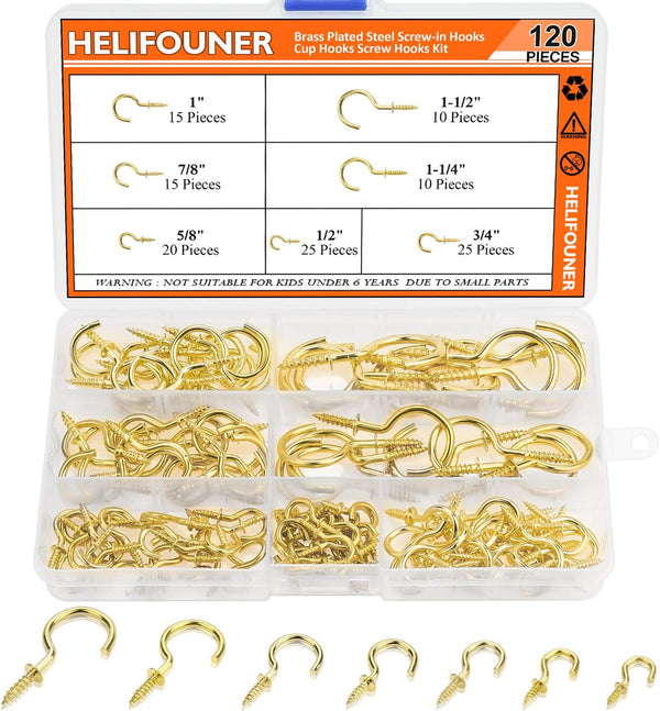 120 Pieces Cup Screw Hooks, Gold Color, Self-Tapping Screws Hooks Kit in 7 Sizes (1/2" to 1-1/2")