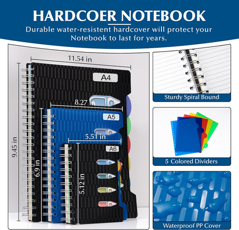 CAGIE 5 Subject Notebook with Dividers, 240 Pages A5, 5x7 College Ruled, Hardcover Spiral Notebooks with Tabs for