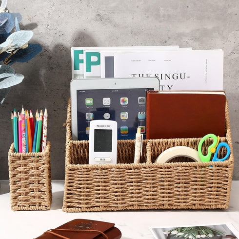 Sintuff 2 Pcs Woven Mail Organizer and Pencil Holder Set, Countertop Storage Desktop Pencil Cups for Home Office
