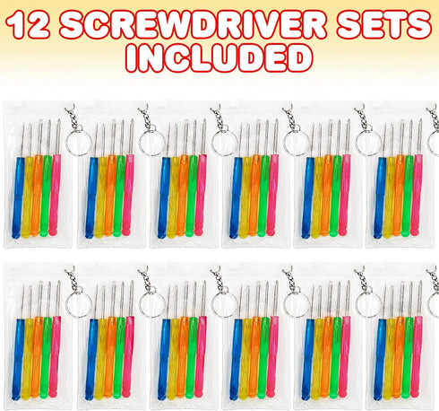 ArtCreativity 5 PC Mini Screwdriver Keychain Set, Pack of 12, Set Includes 5 Screw Drivers and Portable Pouch, Cool Birthday Party Favors for Boys, Girls, Adults, Goodie Bag Filler