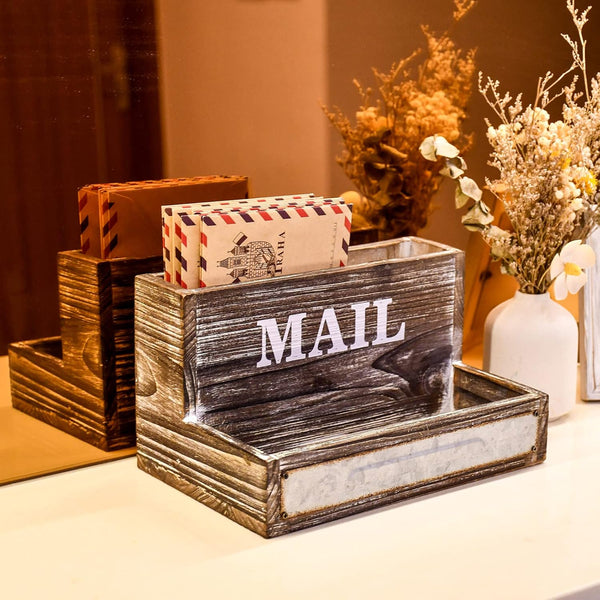 Farmhouse Wood Desktop Mail Organizer, 2-Slot Mail Sorter, Desk File Organizer for Office Supplies, Rustic Home Decor