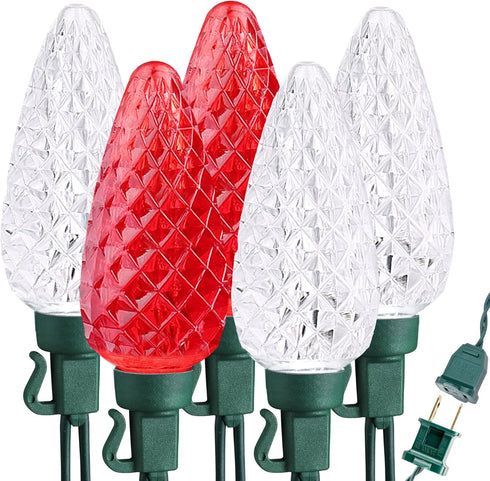 Brizled Red & White Christmas Lights, 33ft 50 LED Faceted C9 String