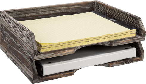 MyGift Set of 2 Torched Wood Stacking Desk Paper Tray, Stackable Document File Folder and Mail Holder Organizer