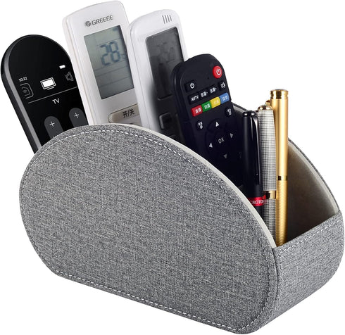TV Remote Holder Tray with 5 Compartments, PU Leather Caddy for Media Remote Storage, Glasses, Makeup Brush (Grey)