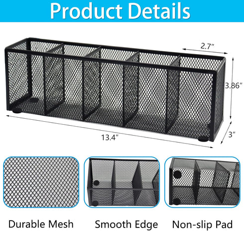 Black Mesh Pen Pencil Holder, Small Metal Desk Organizer Desktop Stationery Office Supplies Acessories Storage Stand, 5 Compartments Brushes Holder for Home School Classroom Teachers by Flytreal