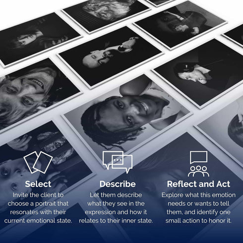 52 metaFox deep Pictures Portraits of Emotions Black and White Coaching Cards for Emotional Awareness, Therapy Tools