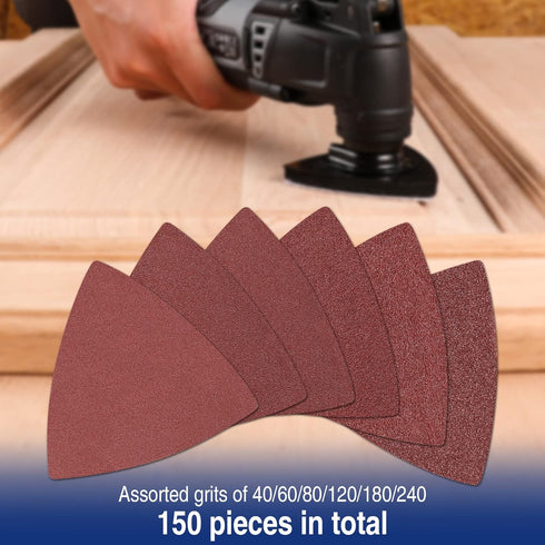 WORKPRO 150PCS Triangle Sanding Pads, 3-1/8 Inch Hook and Loop for Oscillating Multi Tool, 40/60/80/120/180/240 Grit
