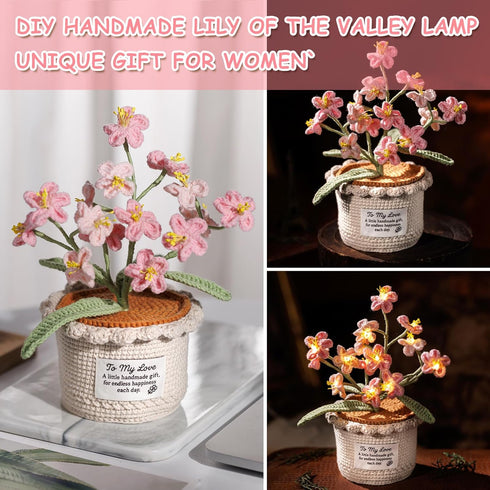 Cozy Forget Me Not Flower Lamp - Pink Crochet Artificial Flowers with Night Light, Cordless Table Lamp, Home Decor