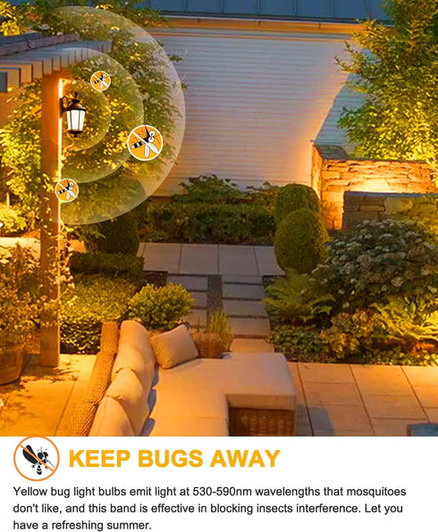 Dusk to Dawn LED Yellow Bug Light Bulb, 6W (40W Equivalent), E26 Base, Auto On/Off, 2 Pack for Outdoor Porch Lights