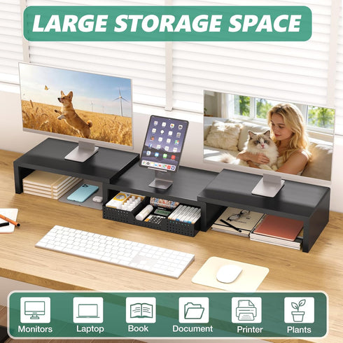 OPNICE Dual Computer Monitor Stand Riser, Desk Organizer with Drawer, Office Desk Accessories & Workspace Organizers