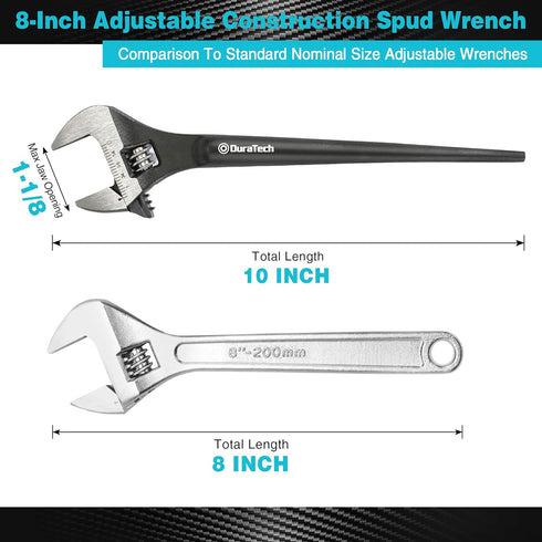 DURATECH 8-Inch Adjustable Construction Spud Wrench, Black Oxide Finish, CR-V Steel, SAE and Metric Scale