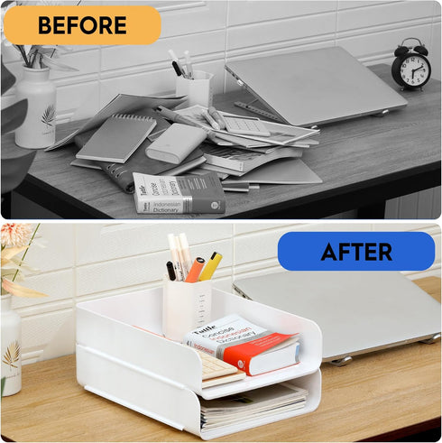 Desk Letter Tray - Set of 2 Stackable PET Document Organizer for Notes, Pens, File Paper, White