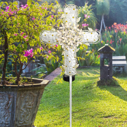 COOZZYHOUR 38Inch 20 Solar Cross Garden Lights Outdoor Decorative - Solar Metal&Glass Cross White Hydrangea Flower