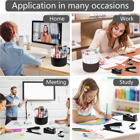 Black Office Supplies Desk Accessories, 360° Pen Holder, Tape Dispenser, Stapler, Staple Remover, 1000 Staples, Ruler,