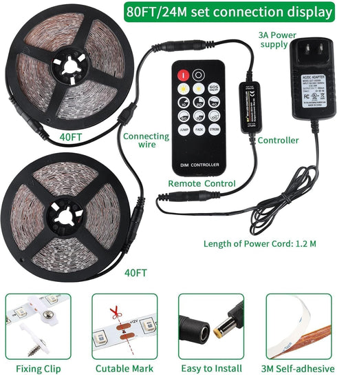 80ft 1440 12V 3 THECHAM Black Light Strip with Remote, LEDs, Flexible Blacklights for Glow Party, Adjust Brightness
