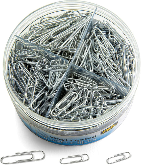 Officemate 750 Paper Clips, Vinyl Coated, Assorted Sizes, Reusable Storage Tub for Office, School and Home Use, Silver