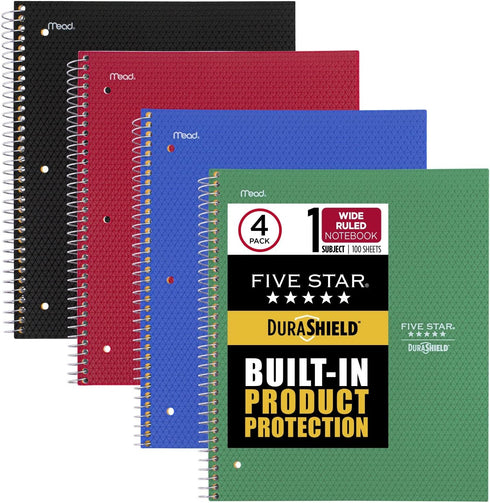 Five Star DuraShield Notebooks, 4 Pack, 1-Subject, Wide Ruled Paper, 10-1/2" x 8", 100 Sheets, Black, Red, Electric