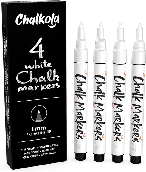 Extra Fine Tip White Chalk Markers, 4 Pack 1mm Point, Dry Erase Marker for Blackboard and Signs