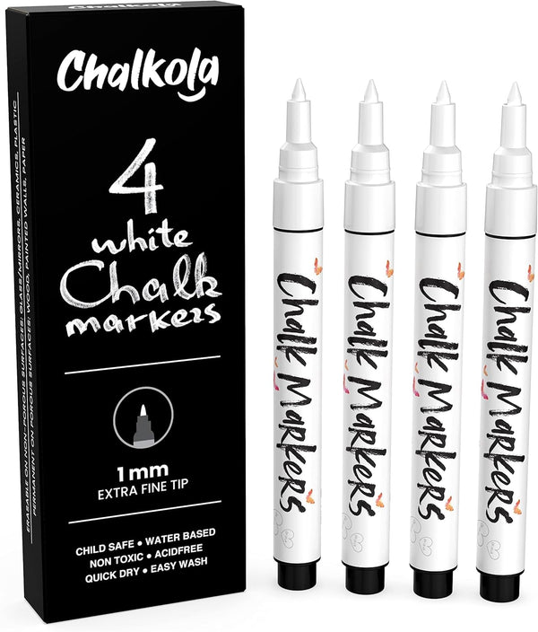 Extra Fine Tip White Chalk Markers, 4 Pack 1mm Point, Dry Erase Marker for Blackboard and Signs