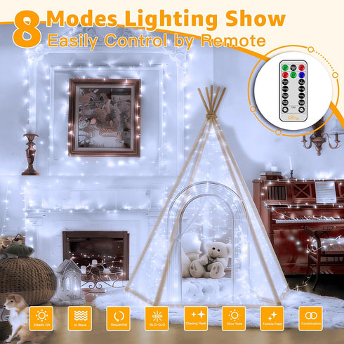 800LED 262FT, 8 Dimmable Ollny Christmas Lights Outdoor Cool White Plug in Fairy Light with Remote, Modes Waterproof