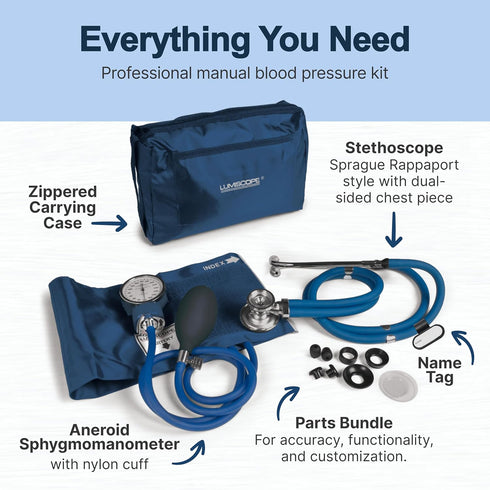 Lumiscope Professional Blood Pressure Kit - Stethoscope, Manual BP Cuff, Sphygmomanometer - Dark Blue