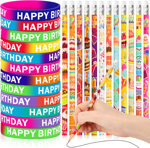 JUNEBRUSHS 72pcs Silicone Wristbands Happy Birthday Rubber Bracelets Pencils Set Bulk Party Favors for Kids Teachers