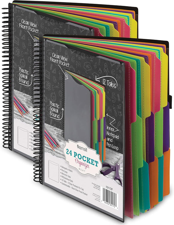 Samsill 2 Pack Deluxe 24 Pocket Spiral Project Organizer with Refillable Notepad and 12 Dividers in Fashion Colors