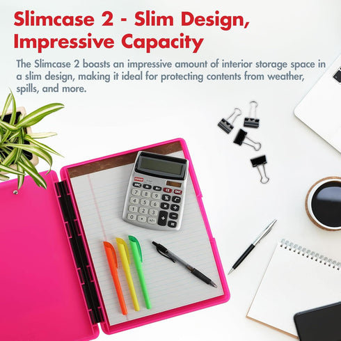 Dexas Slimcase 2 Plastic Clipboard with Storage, Neon Pink, A4 Holder for Office Supplies