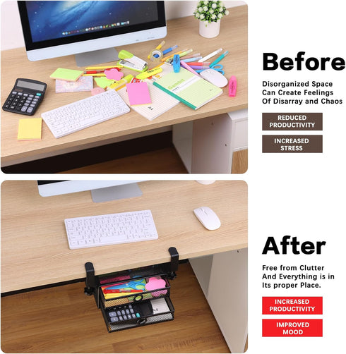 ROSYLINE Under Desk Drawer Organizer, Clamp on 2 Tier Slide Out Drawer, Metal Under Desk Storage for Home and Office