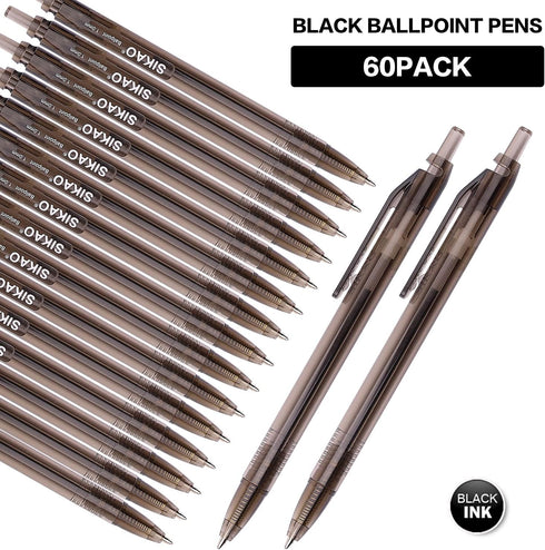 Black Pens Bulk, Box of 60 Pack Black Ink Pens Ballpoint Smooth Writing Pens No Smudge, Retractable Ball Point Pens Medium Point, Click Pens, Server Pens for Waitress, School Office Supplies by Sikao