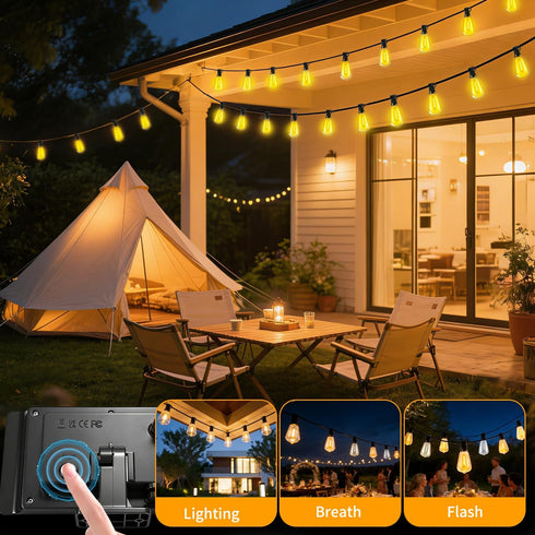 FUANXIEI ST38 33FT 10M Bulbs 3 Dimmable Solar Lights Outdoor Waterproof: Shatterproof Patio Lights - Solar Powered