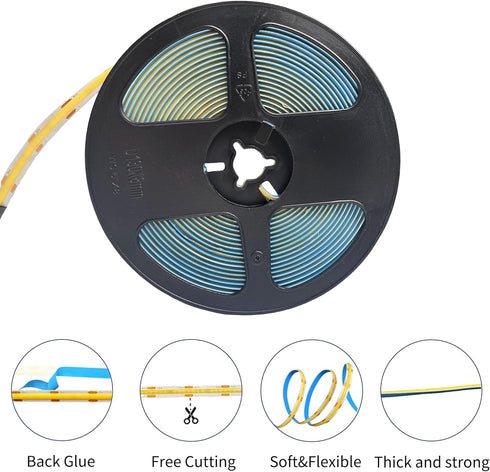 5V 8mm 4000K,320LEDs/M,8W/M,CRI90,3.28FT/ 1M,Electroplated IP20,Flexible Width USB COB LED Strip Lights,Natural White