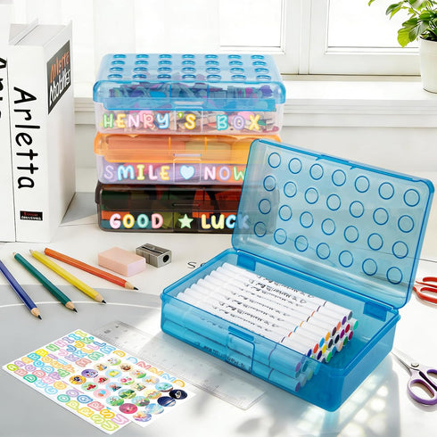 Kcjdd Personalized Pencil Box,Clear Hard Pencil Case with Stickers for Back to School,Plastic Marker Crayon Box