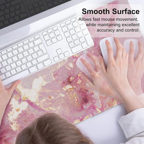 QIYI Large Mouse Pad, Cute Pink PU Leather Desk Mat, Rose Gold Marble Protector for Gaming, 31.5" x 15.7"