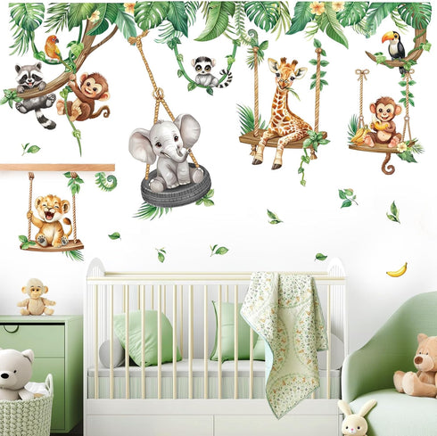 decalmile Jungle Animal on Swings Wall Stickers Safari Animal Elephant Giraffe Monkey Tropical Leaves Wall Decals Baby